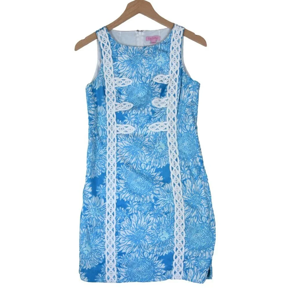 Lilly Pulitzer Blue Shift Dress 2 Floral Lace Trim Resort Coastal Classic Prep - Picture 4 of 9